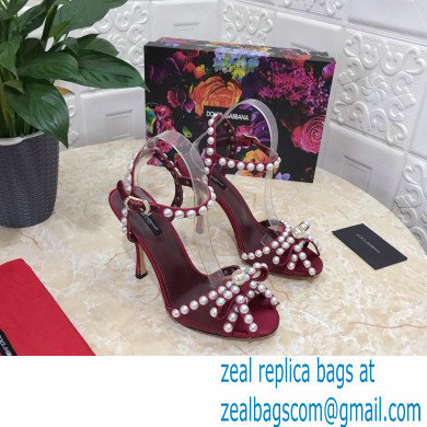 Dolce  &  Gabbana Heel 10.5cm Satin Sandals Burgundy with Pearl Application 2021